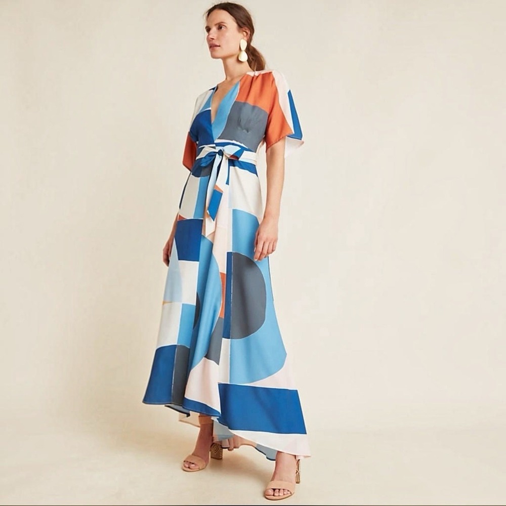 HUTCH Miro Abstract Print V Neck Short‎ Sleeve Wrap Maxi Dress XSP Multicolor